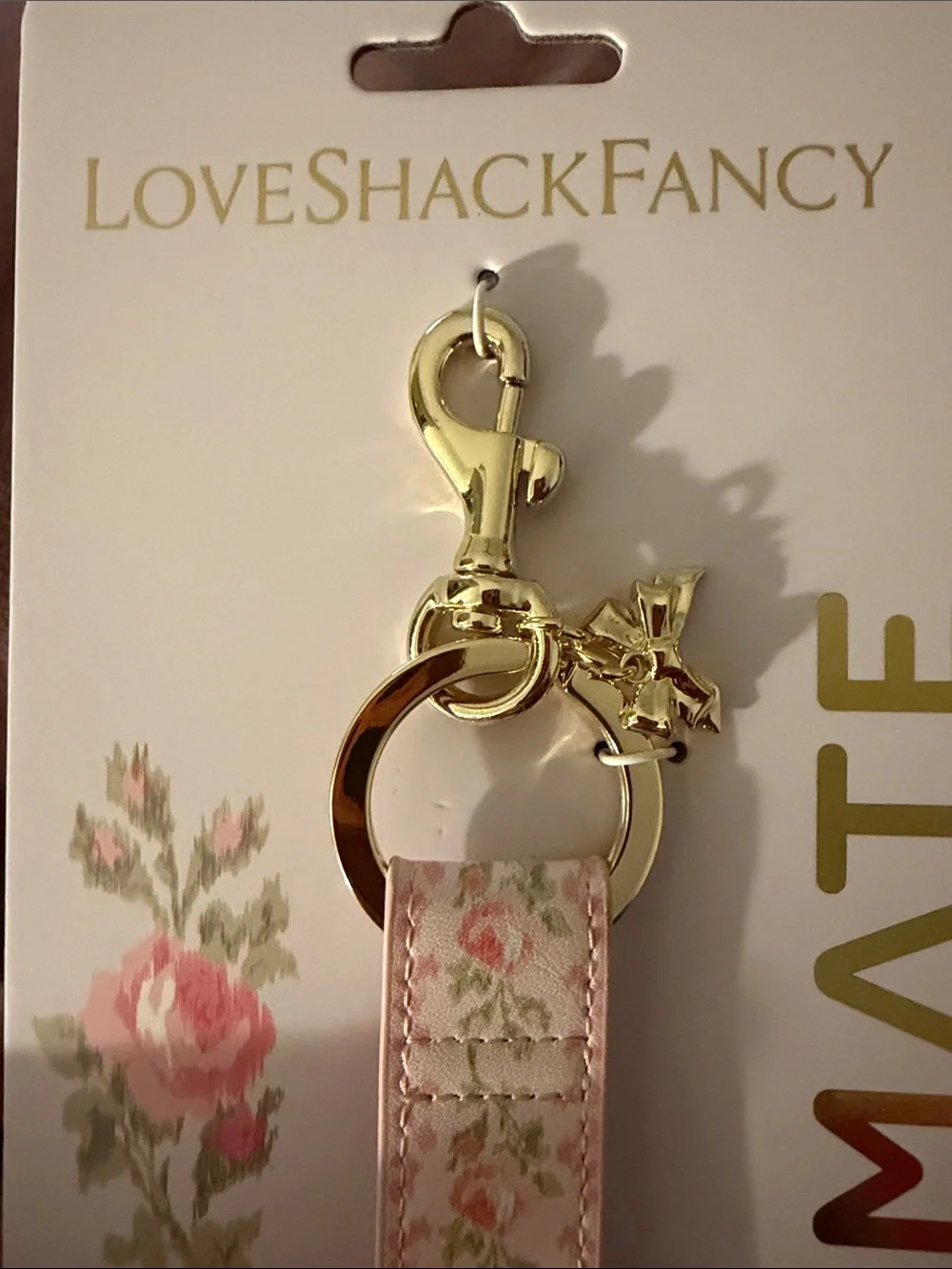 LoveShackFancy Pink Floral Keychain Strap with Gold Hardware